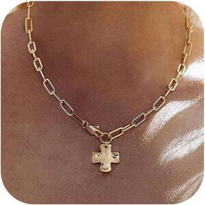 Delicate chain, chunky cross for Women Trendy 14K Gold Silver Layered Statement